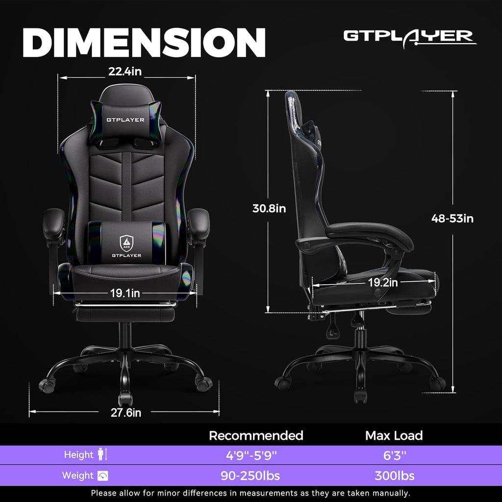 GTPLAYER Gaming Chair with Footrest, Computer Gaming Chair for Adults and Kids, Height Adjustable Gamer Chair with 90-155° Recline & Removable Headrest Lumbar Support,Colorful Black