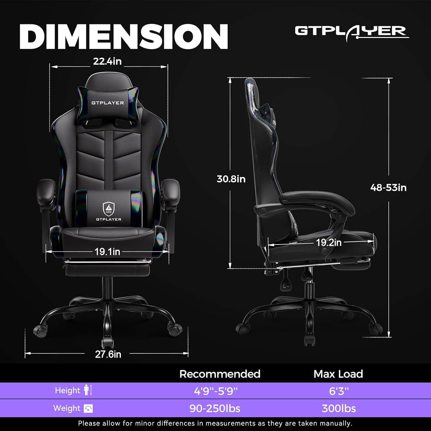GTPLAYER Gaming Chair with Footrest, Computer Gaming Chair for Adults and Kids, Height Adjustable Gamer Chair with 90-155° Recline & Removable Headrest Lumbar Support,Colorful Black