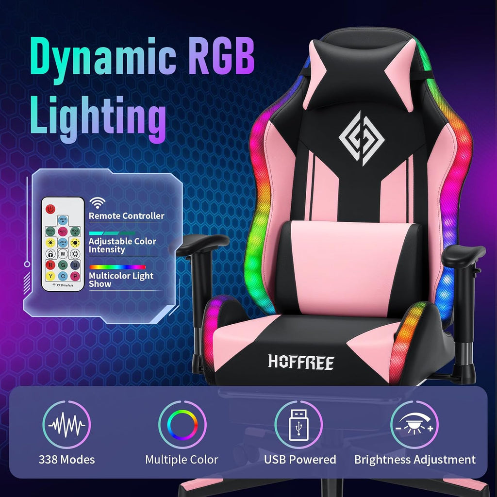 HOFFREE RGB LED Gaming Chair for Kids Reclining Gaming Chairs for Teens 8-15 Computer Chair with RGB Lights Kids PC Game Chair with Footrest and Lumbar Support Video Game Chairs Pink and Black