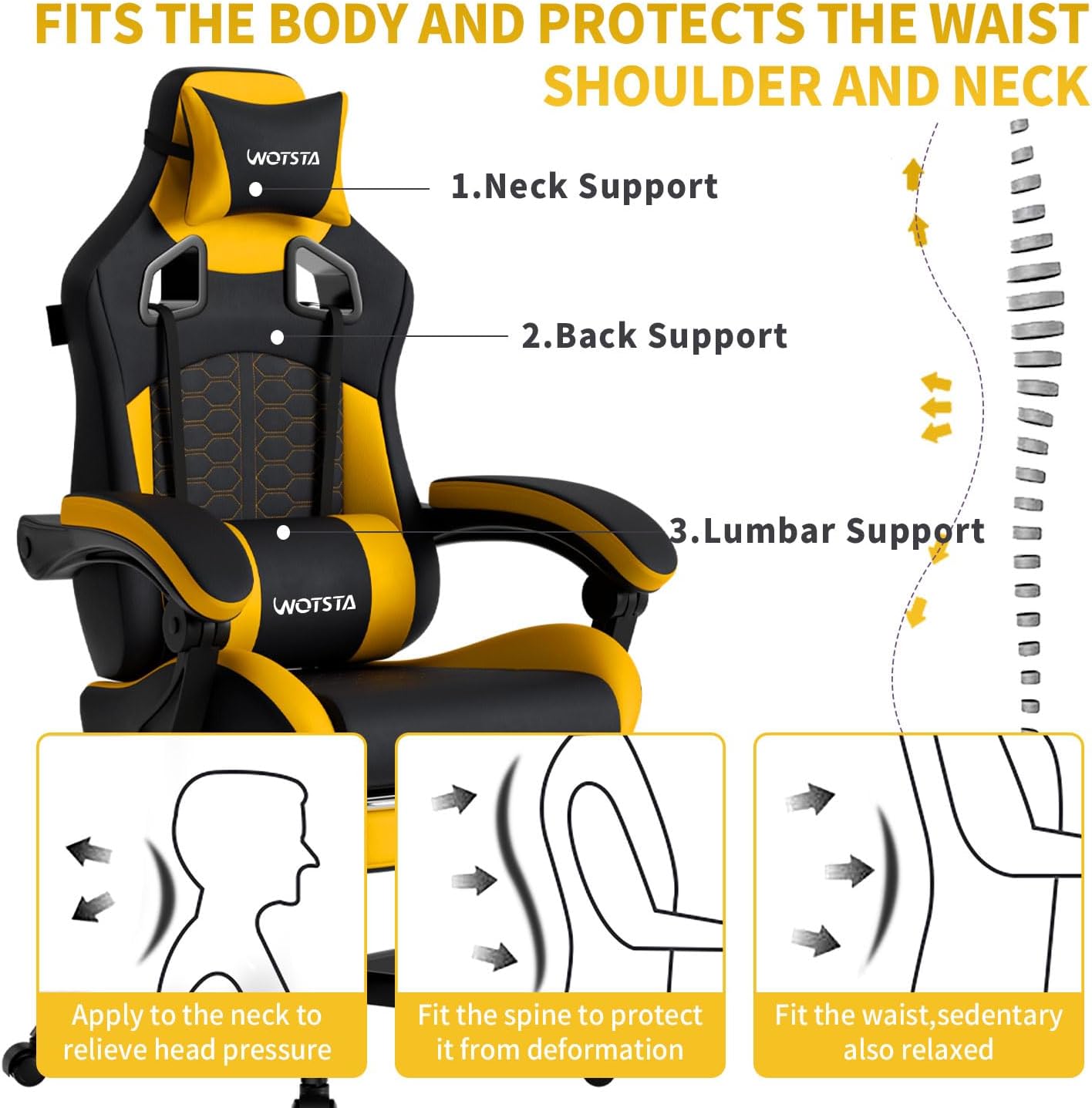 Gaming Chair with Massage,Ergonomic PC Gaming Chair with Footrest Comfortable Headrest and Lumbar Support,High Back Game Chair PVC Leather,300LBS (BlackYellow)