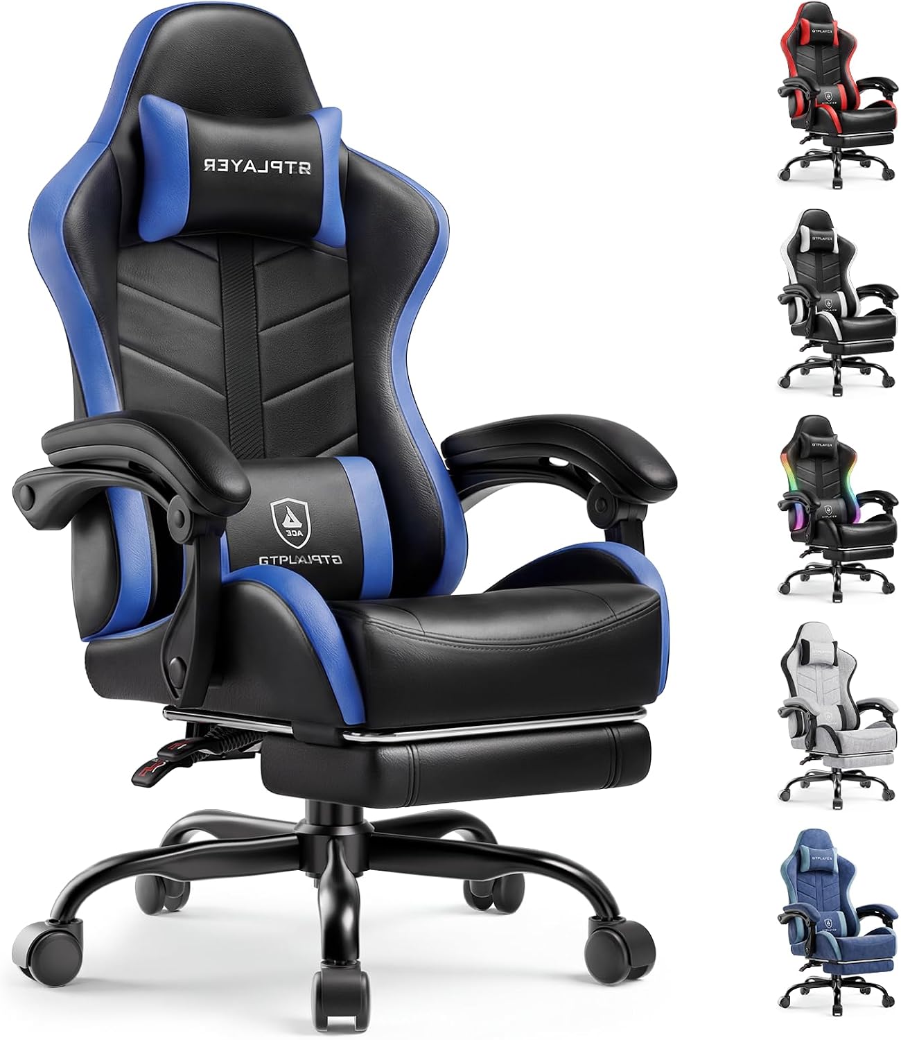 GTPLAYER Gaming Chair with Footrest, Computer Gaming Chair for Adults and Kids, Height Adjustable Gamer Chair with 90-155° Recline & Removable Headrest Lumbar Support, Dark Black-Blue