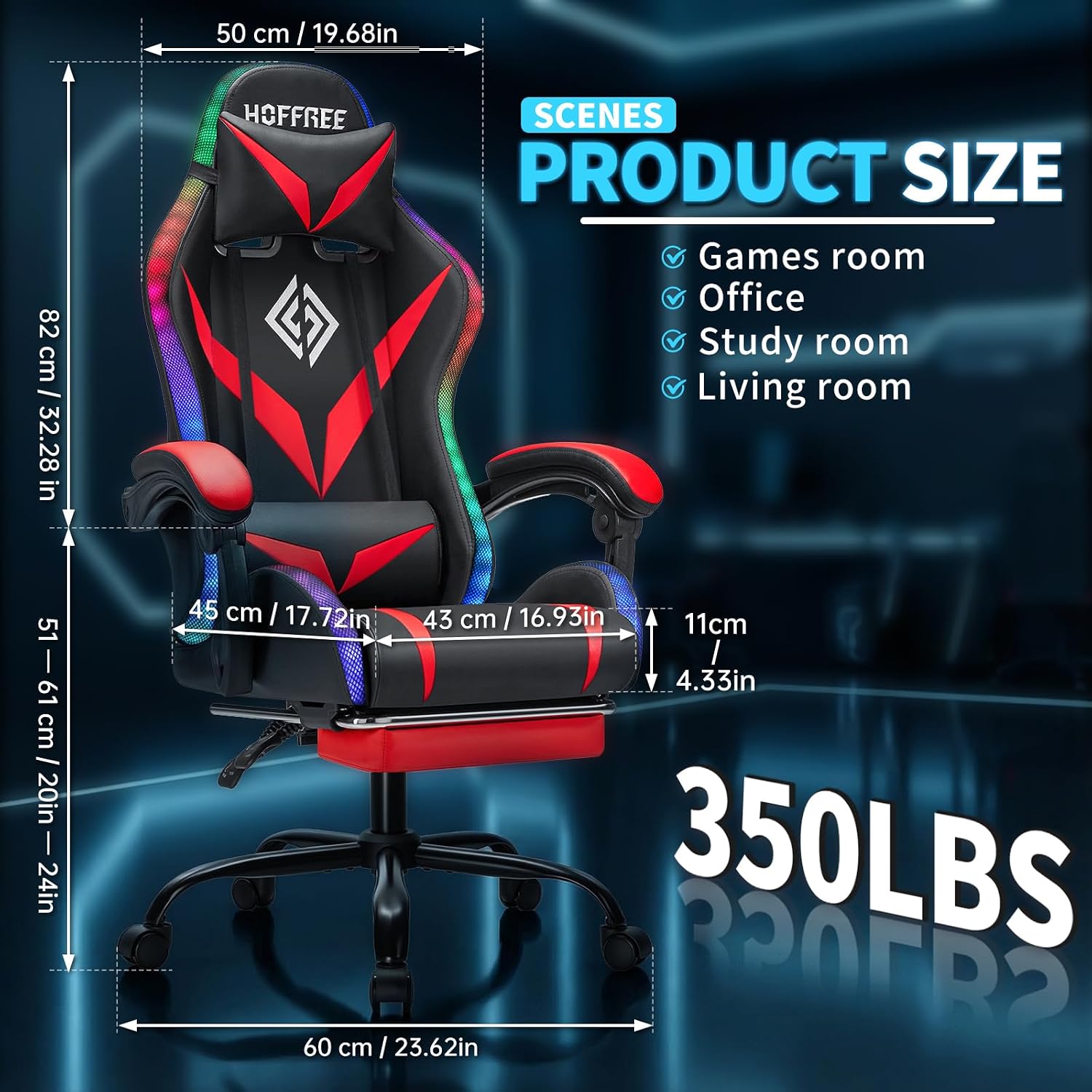 Gaming Chair with Speakers and LED Lights Ergonomic Computer Chair with Massage and Footrest Reclining Video Game Chair for Adults with Adjustable Lumbar Support Red and Black