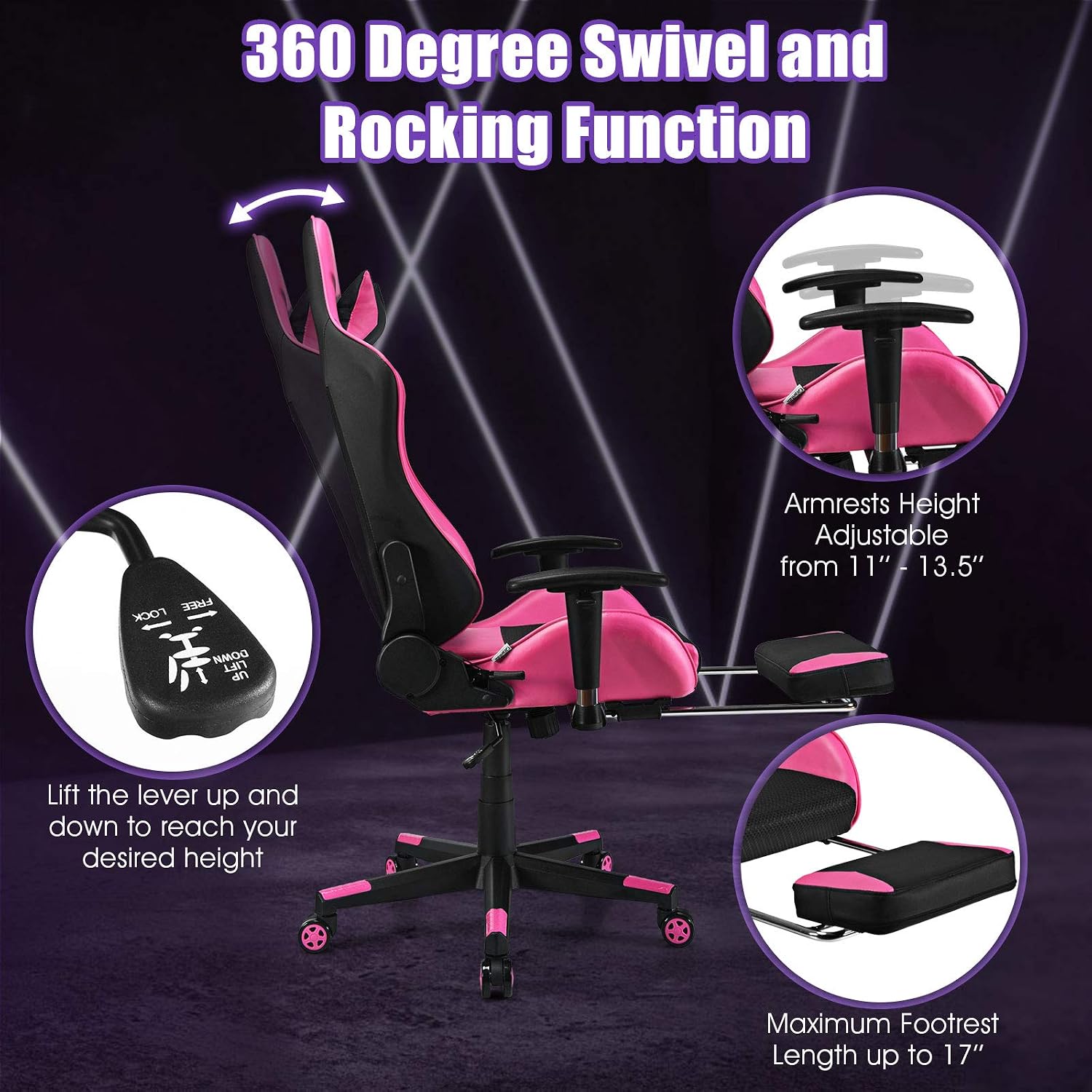 Giantex Massage Gaming Chair Pink, Ergonomic Video Game Chair with Footrest, High Back E-Sport Computer Chair with Headrest & Massager Lumbar Support, PU Leather Gaming Seat