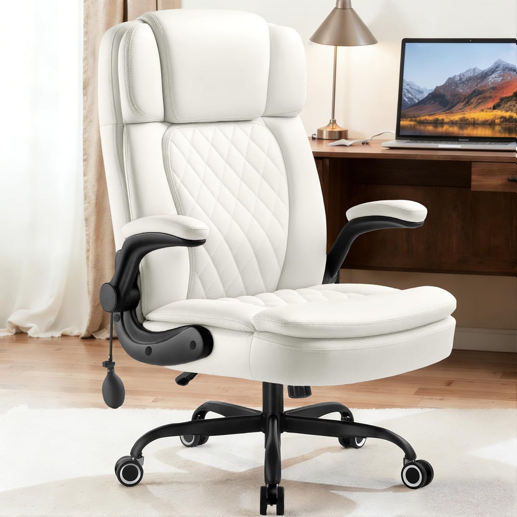 450 LBS Big and Tall Executive Office Chair with Flip up Arm, Heavy Duty Leather Computer Desk Chair,Comfortable High Back Swivel Home Office Chair with Rolling for Adults (White)