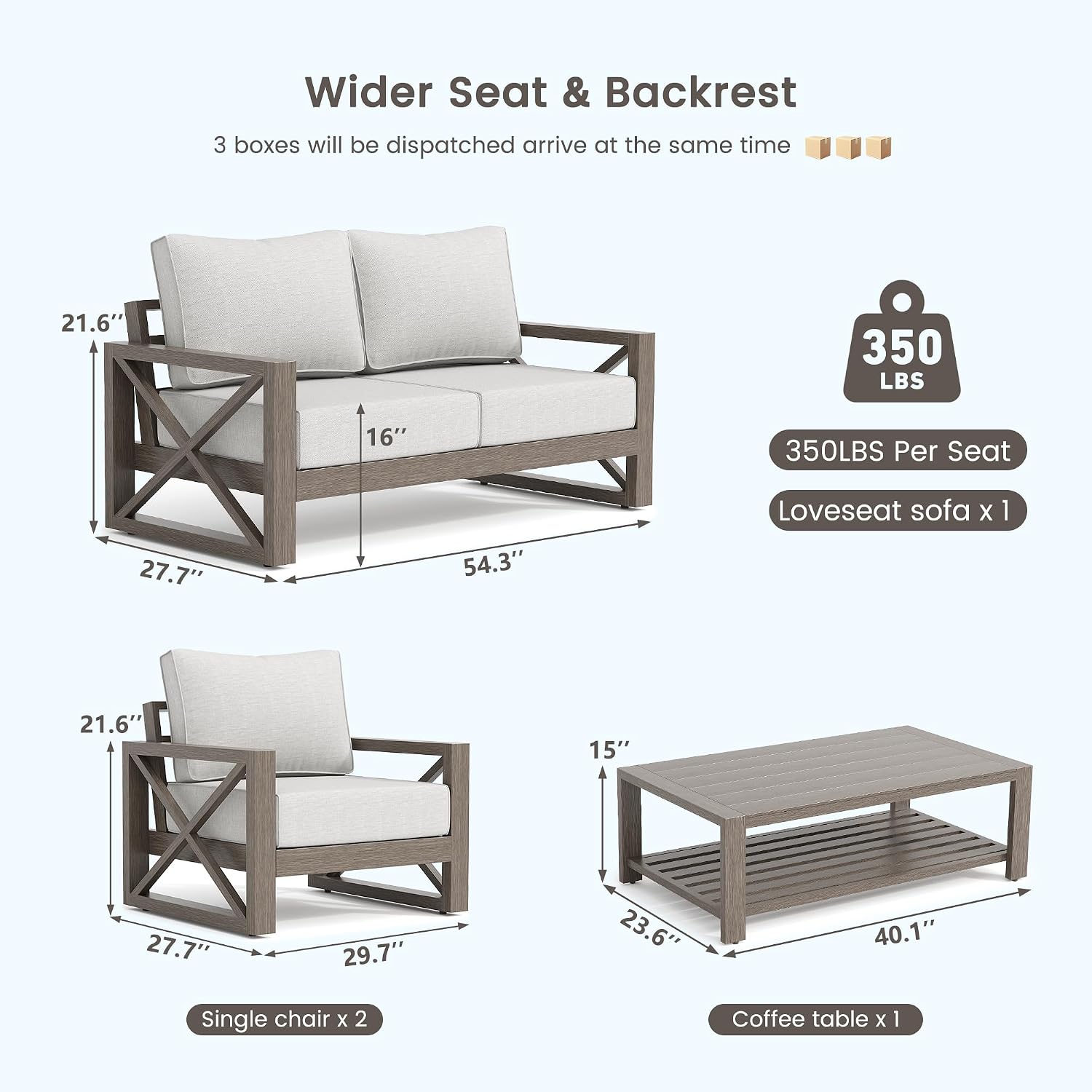 UDPATIO Aluminum Patio Furniture Set, Faux Wood Grain Modern Outdoor Furniture, 6' Cushions Metal Patio Conversation Sofa with Coffee Table for Poolside Deck, 5 PCS, Beige(Include 600D Covers)