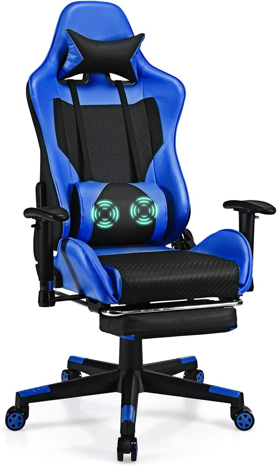 Giantex Massage Gaming Chair, Ergonomic Video Game Chair with Footrest, High Back E-Sport Computer Chair with Headrest & Massager Lumbar Support, PU Leather Gaming Seat (Blue)