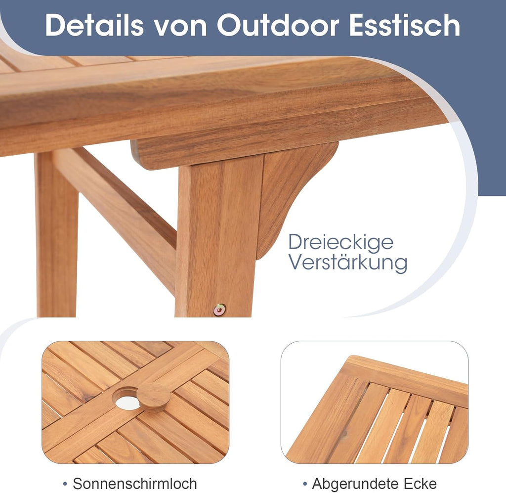 OC Orange-Casual Patio Furniture Set, Acacia Wood Patio Dining Set for 6-8, Outdoor Expandable Table and Chairs Set with Umbrella Hole and Breathable Textilene Fabric for Garden (White, 5 Pieces)