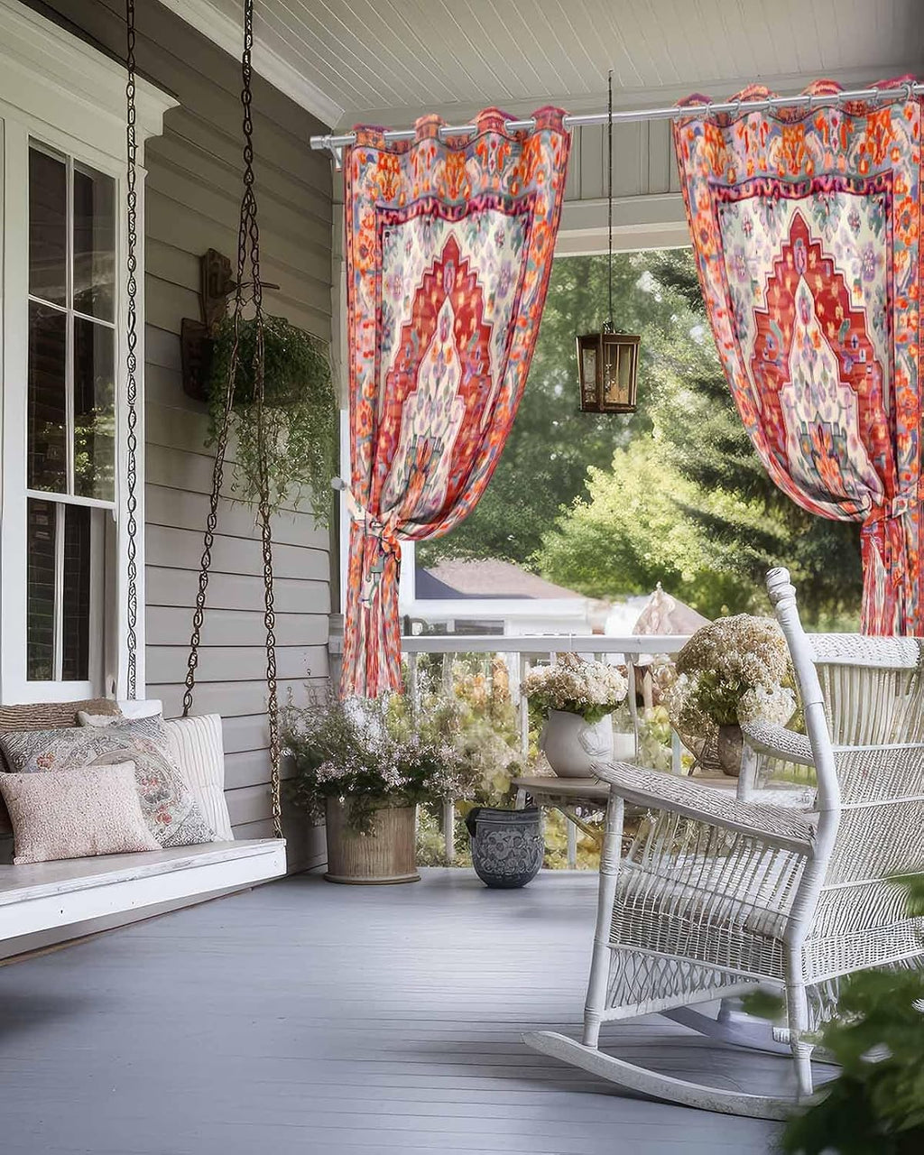 Orange Red Boho Outdoor Curtains for Patio Waterproof,Vintage Flower Tribal Distressed Printed Windproof Sun Blocking Outside Privacy Drape for Pavilion/Porch/Pergola/Garden/Cabana,2Panel,54'Wx108'L