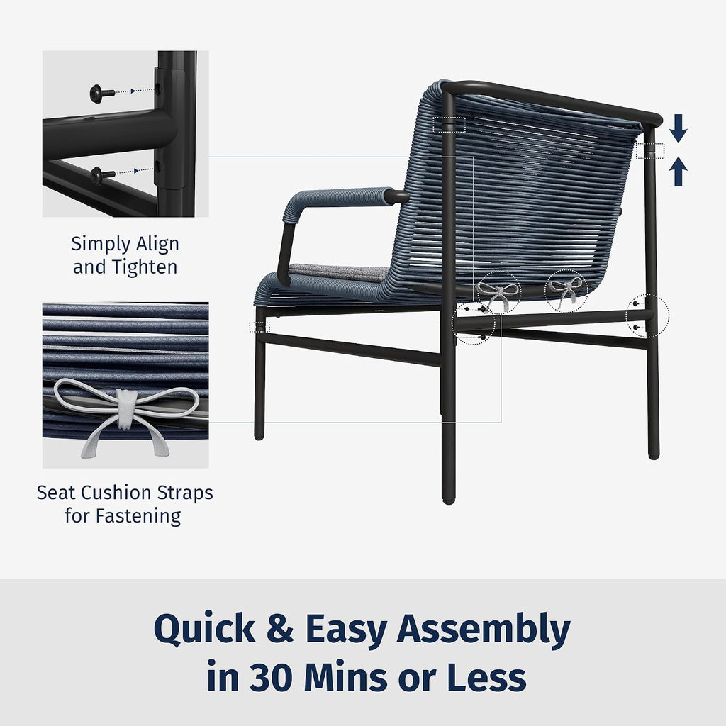 East Oak 3-Piece Patio Furniture Set, Outdoor Bistro Set with PE Rattan Wicker Wide Chairs, Soft Cushions & Coffee Table, Modern All-Weather Wicker Patio Set for Garden and Porch, Navy Blue