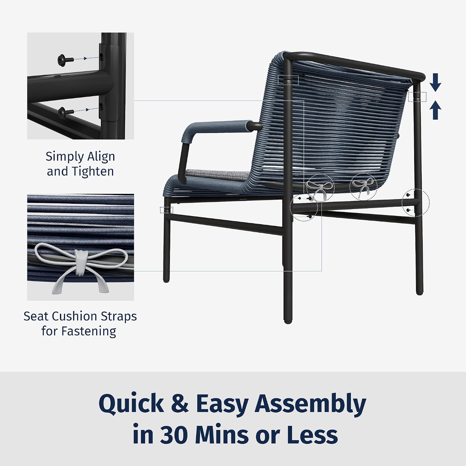 East Oak 3-Piece Patio Furniture Set, Outdoor Bistro Set with PE Rattan Wicker Wide Chairs, Soft Cushions & Coffee Table, Modern All-Weather Wicker Patio Set for Garden and Porch, Navy Blue