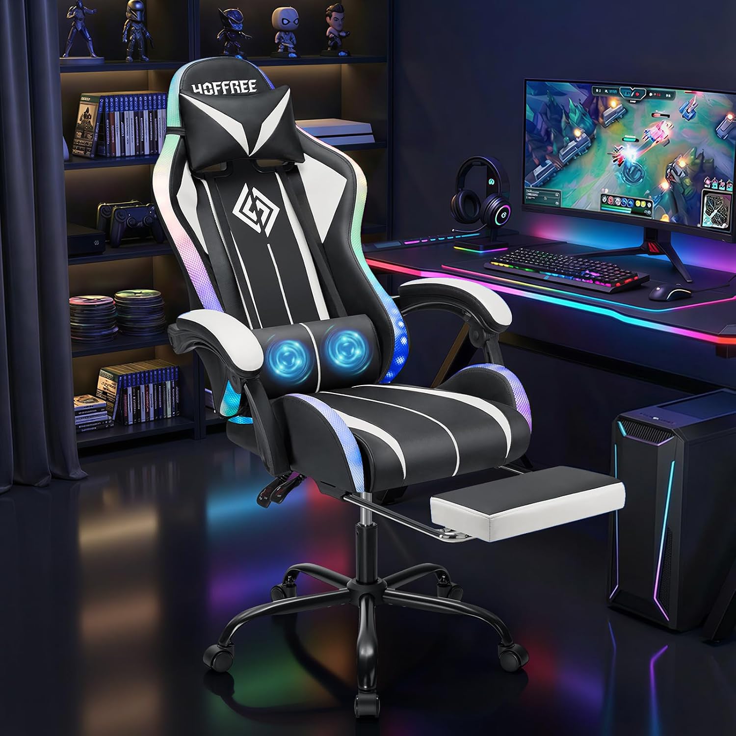 HOFFREE Gaming Chair Massage with LED RGB Lights and Footrest Ergonomic Computer Chair High Back Video Game Chair with Adjustable Lumbar Support Linkage Armrest White and Black