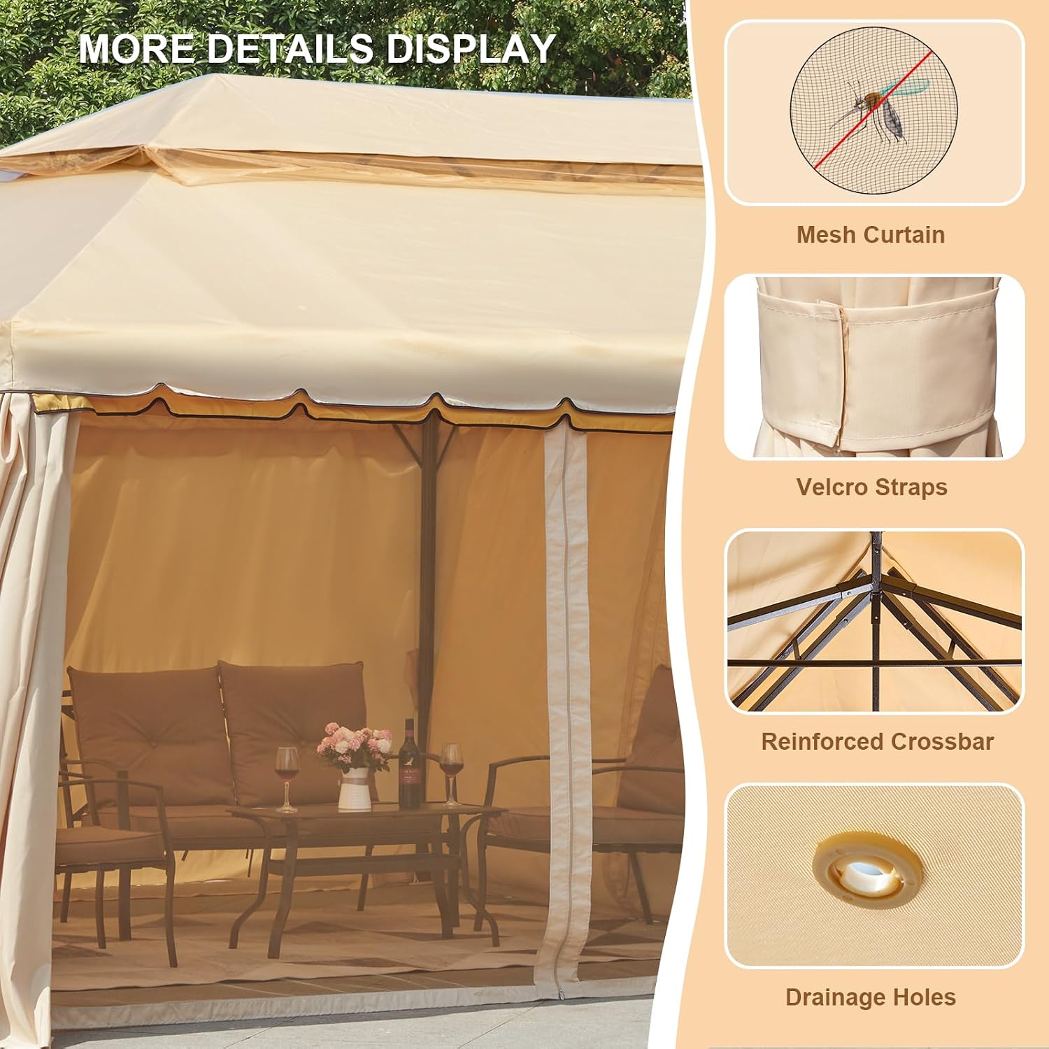 Erommy 10x20 Outdoor Canopy Gazebo, Double Roof Patio Gazebo Steel Frame with Netting and Shade Curtains for Garden,Patio,Party Canopy, Beige