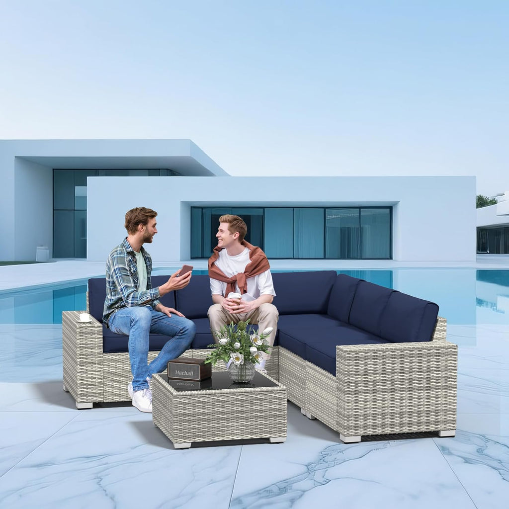 SHGJ&SOFT 6pcs Outdoor Patio Furniture Set, Waterproof Wicker Outdoor Sectional Couch with Thick Cushions, All-Weather Rattan Sectional Sofa