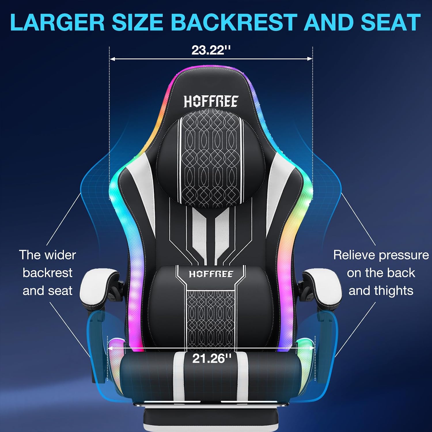 HOFFREE LED Gaming Chair with Bluetooth Speakers Massage Gaming Chair with RGB Lights Big and Tall Game Chairs for 400lbs Heavy People High Back Computer Desk Chair with Footrest White and Black
