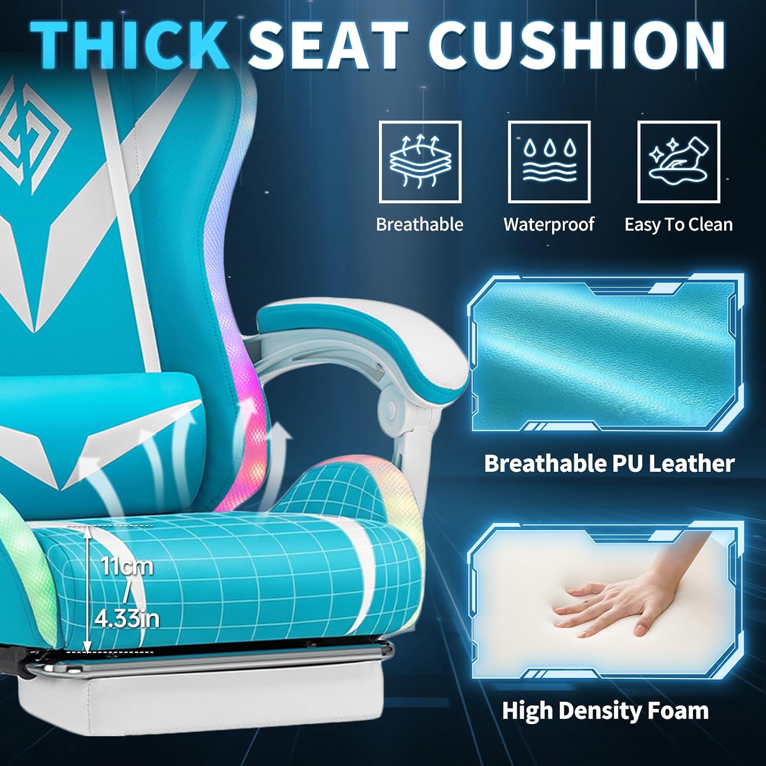 Gaming Chair with Bluetooth Speakers and RGB LED Lights Ergonomic Massage Computer Gaming Chair with Footrest Video Game Chair High Back with Lumbar Support Light Blue and White