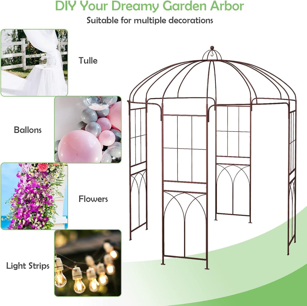 HAPPYGRILL Birdcage Shape Garden Arbor, 7 x 8.4 ft Heavy Duty Metal Garden Gazebo Pergola with Trellis, Garden Arch Trellis for for Climbing Plants Wedding Party Decor Outdoor Arch Pavilion for Lawn