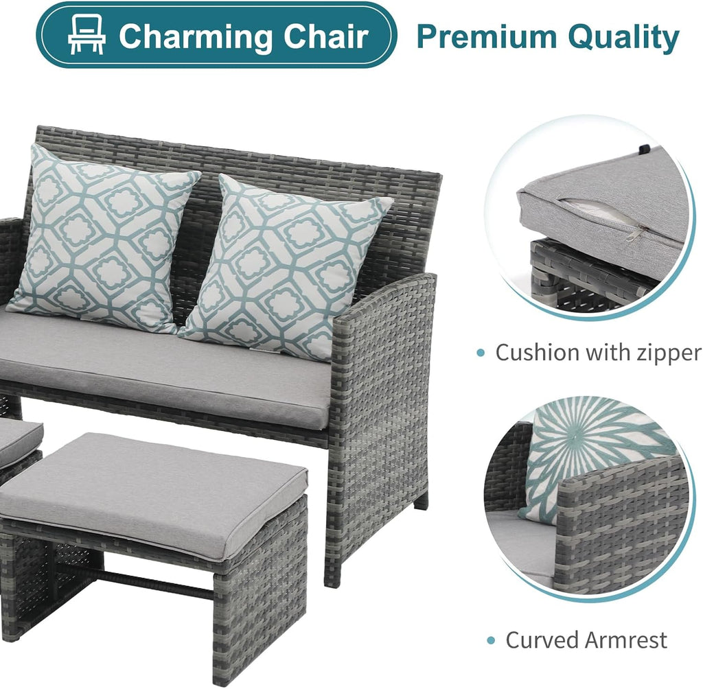 OC Orange-Casual Patio Furniture Set,3 Pieces Outdoor Wicker Conversation Loveseat with Ottomans for Porch, Gray Rattan Light Gray Cushions