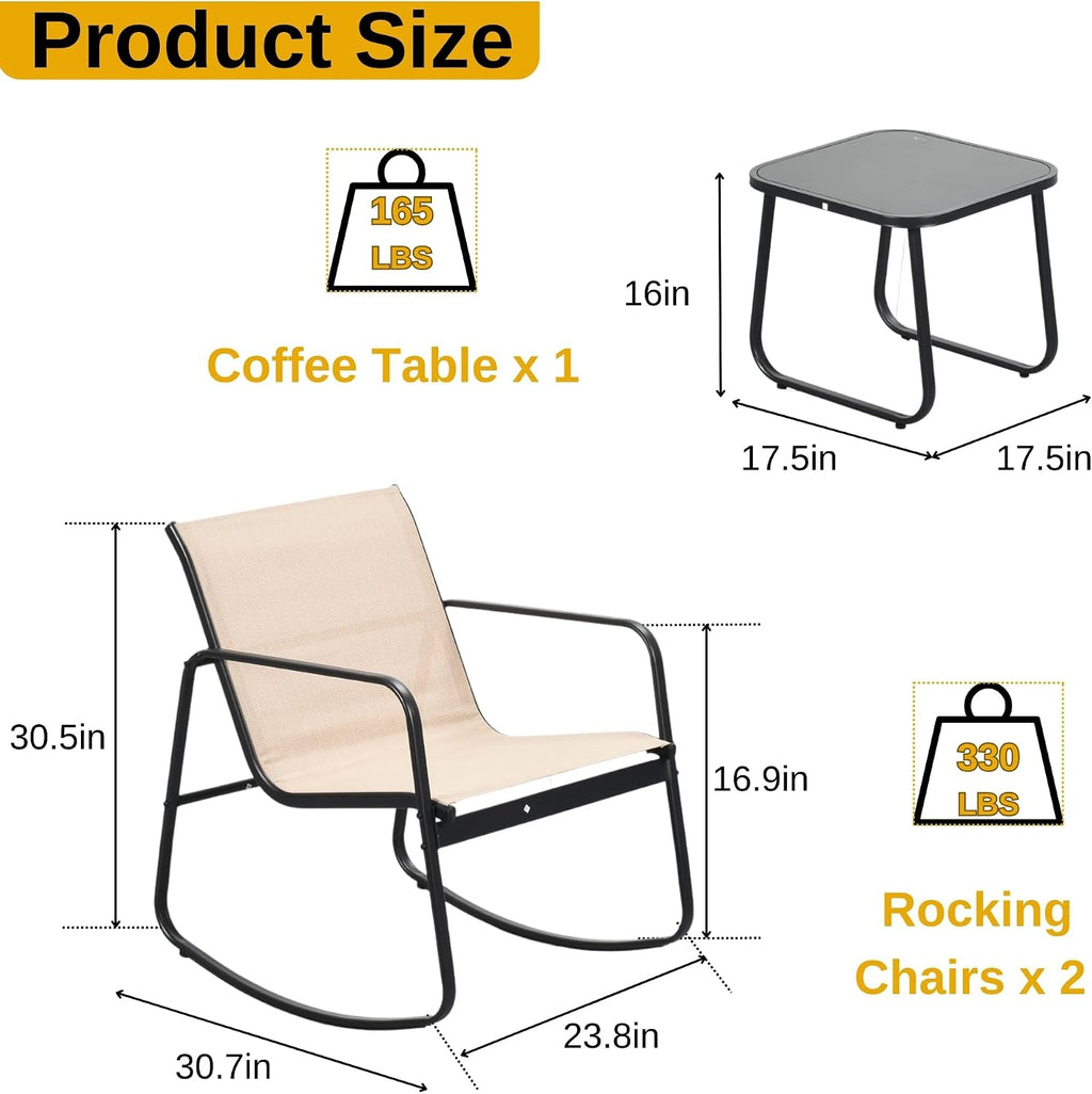 DWVO Brown 3-Piece Patio Bistro Set, Outdoor Textilene Furniture with 2 Rocking Chairs and Coffee Table for Backyard Lawn Garden Balcony Poolside
