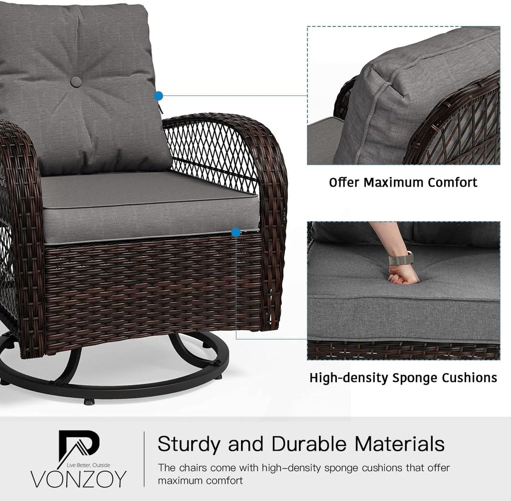 3 Pieces Patio Furniture Set, Outdoor Swivel Glider Rocker, Wicker Patio Bistro Set with Rocking Chair, Thickened Cushions and Table for Porch (Grey)