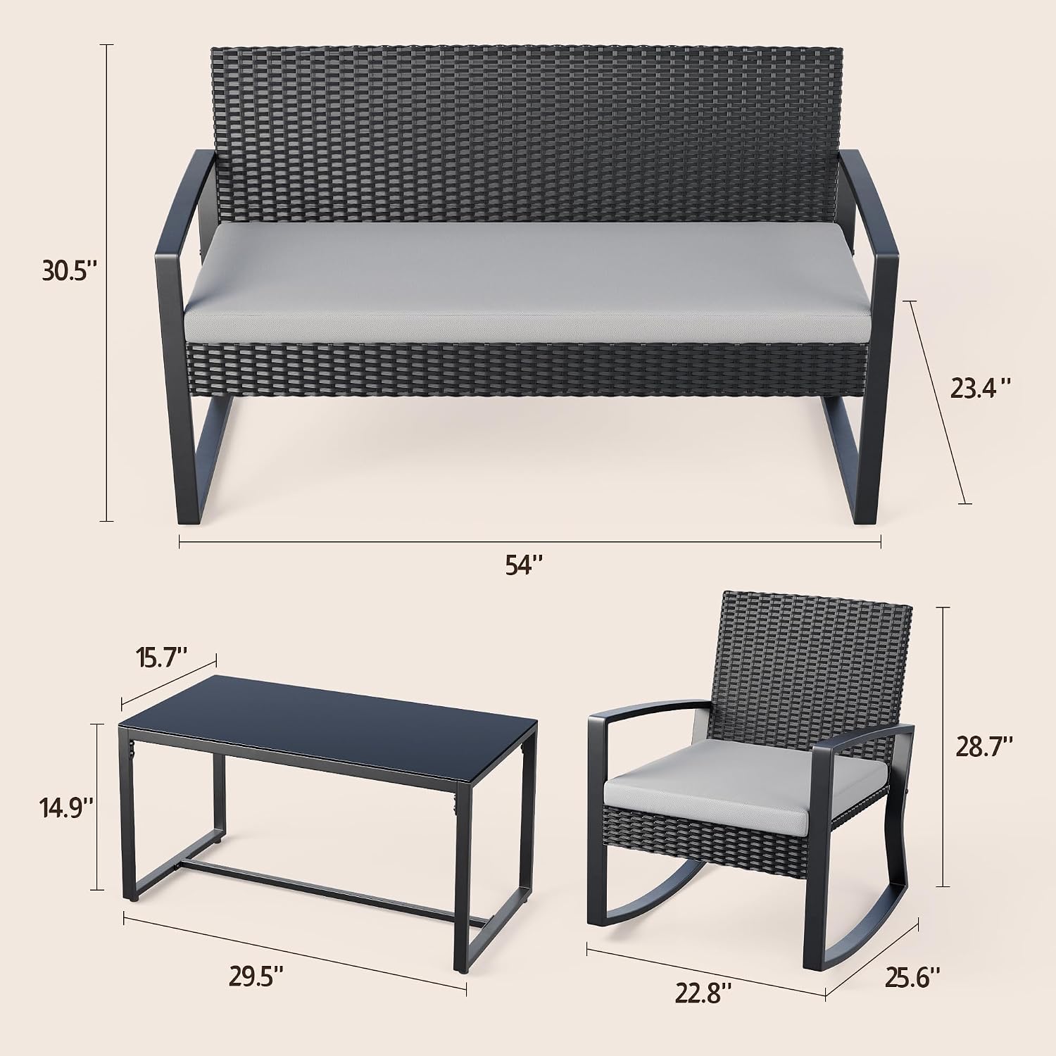 Ahomly 8 Piece Outdoor Patio Furniture Set, Outdoor Wicker Patio Furniture with Glass Coffee Table, Modern Rattan Rocking Chairs Conversation Set, for Porch, Garden, Lawn,Grey Cushion