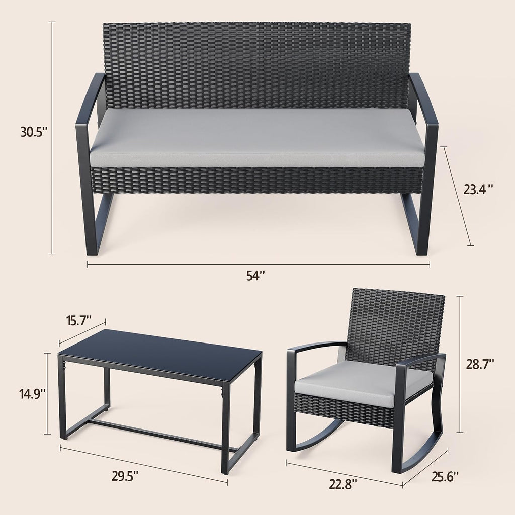 Ahomly 4 Piece Outdoor Patio Furniture Set, Wicker Patio Furniture with Glass Coffee Table, Rocking Wicker Bistro Set, for Backyard, Poolside, Porch (Grey)