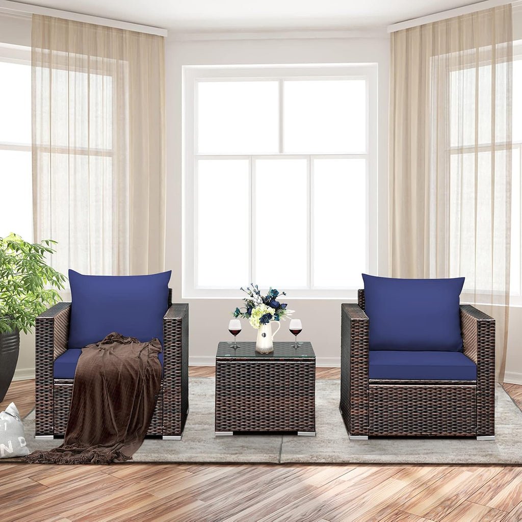 Tangkula 3 Pieces Patio Furniture Set, Outdoor Conversation Rattan Furniture Set w/Washable Cushion and Tempered Glass Tabletop, PE Rattan Wicker Sofa Set for Garden Poolside Balcony