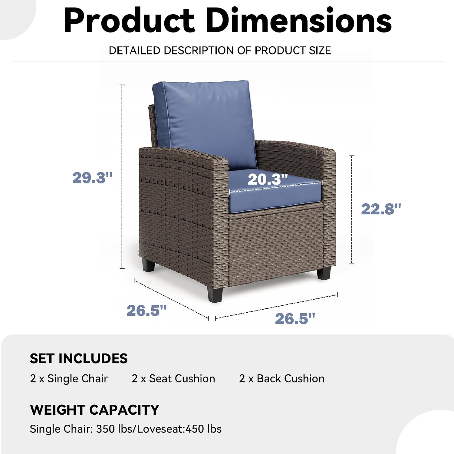 BUPPLEE 2 Pieces Patio Furniture Set, Outdoor Wicker Chairs Set of 2, All Weather High Back Rattan Chairs, Seating Club Chair Porch Chairs Set with Cushions for Balcony Porch Deck, Blue