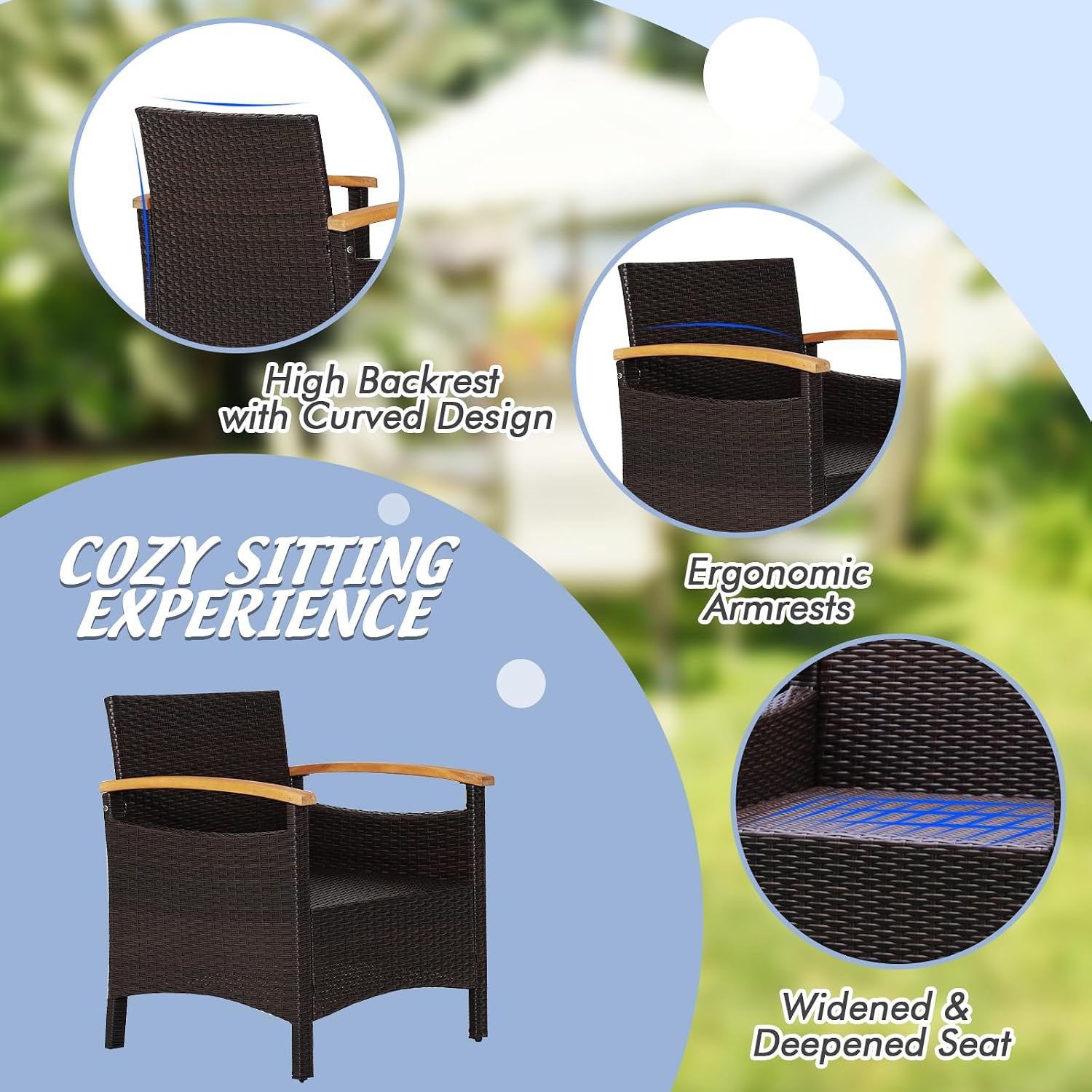 Tangkula 3-Piece Patio Furniture Set, Patiojoy Outdoor Rattan Sofa Set with Coffee Table, Patio Conversation Set with Removable Cushion, Cozy Acacia Wood Armrests for Backyard, Poolside (Navy)
