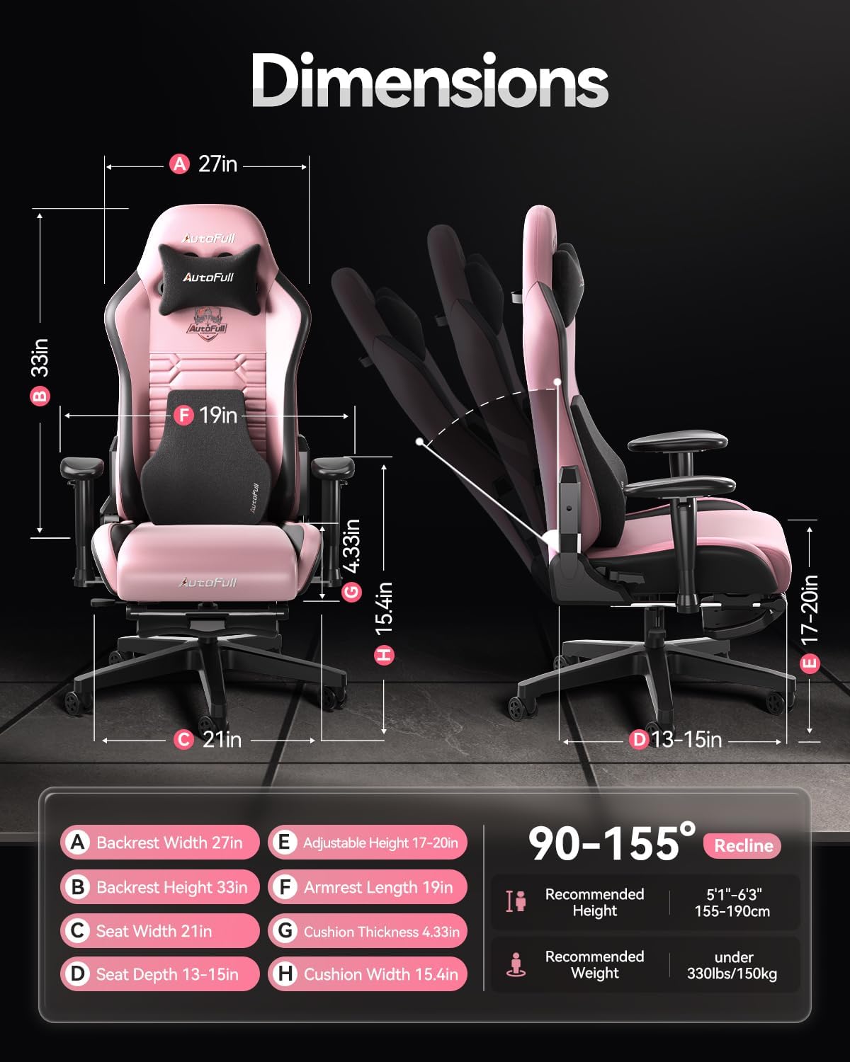 AutoFull C3 Gaming Chair, Racing Style Gaming Chair with Ergonomic Lumbar Support,Adjustable High Back PU Leather PC Chair with Footrest,Pink