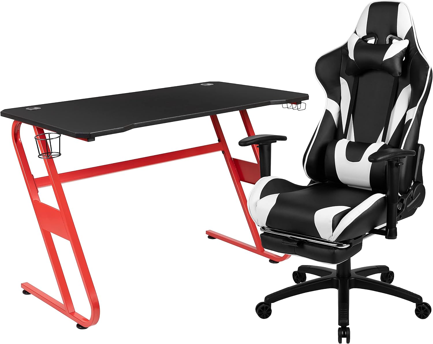 Flash Furniture Red Gaming Desk and Black Footrest Reclining Gaming Chair Set with Cup Holder and Headphone Hook