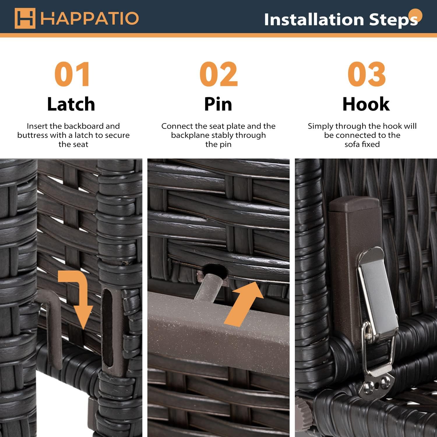 HAPPATIO Patio Conversation Set for 4, Modern Outdoor Sectional Sofa, PE Rattan Wicker (Brown/Grey)