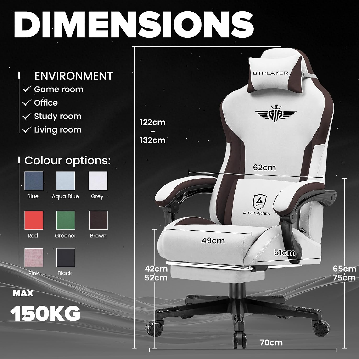 GTPLAYER Gaming Chair, Computer Office Chair Lumbar Support, Linkage Armrests and Footrest, Ergonomic Game Chair for Adults with Extended Backrest, Fabric, Brown