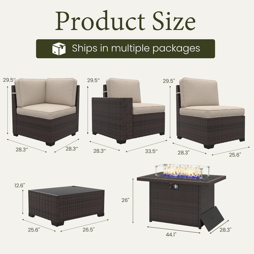 LayinSun 13 Pieces Outdoor Patio Furniture Set with 44' Fire Pit Table Brown Rattan Sectional Sofa Conversation Sets