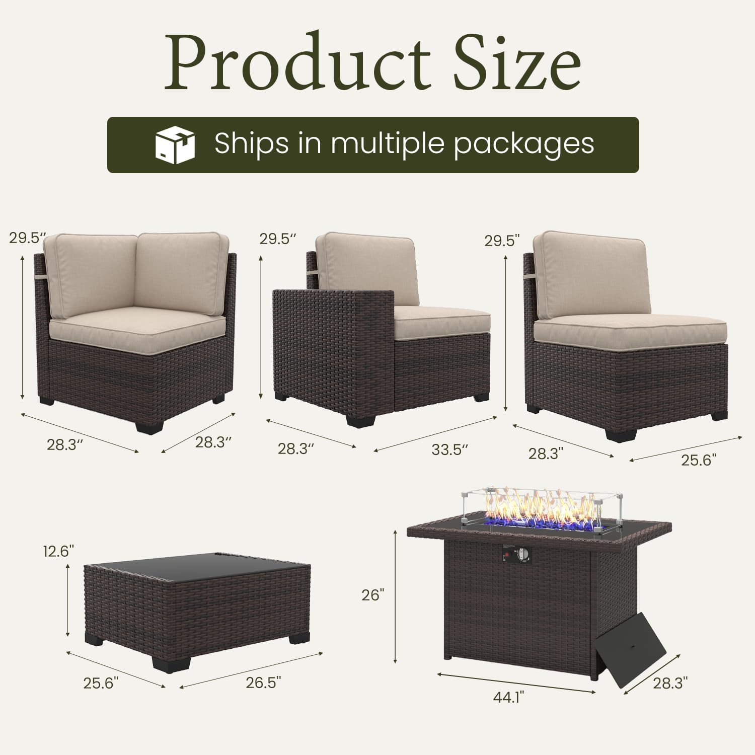 LayinSun 13 Pieces Outdoor Patio Furniture Set with 44' Fire Pit Table Brown Rattan Sectional Sofa Conversation Sets