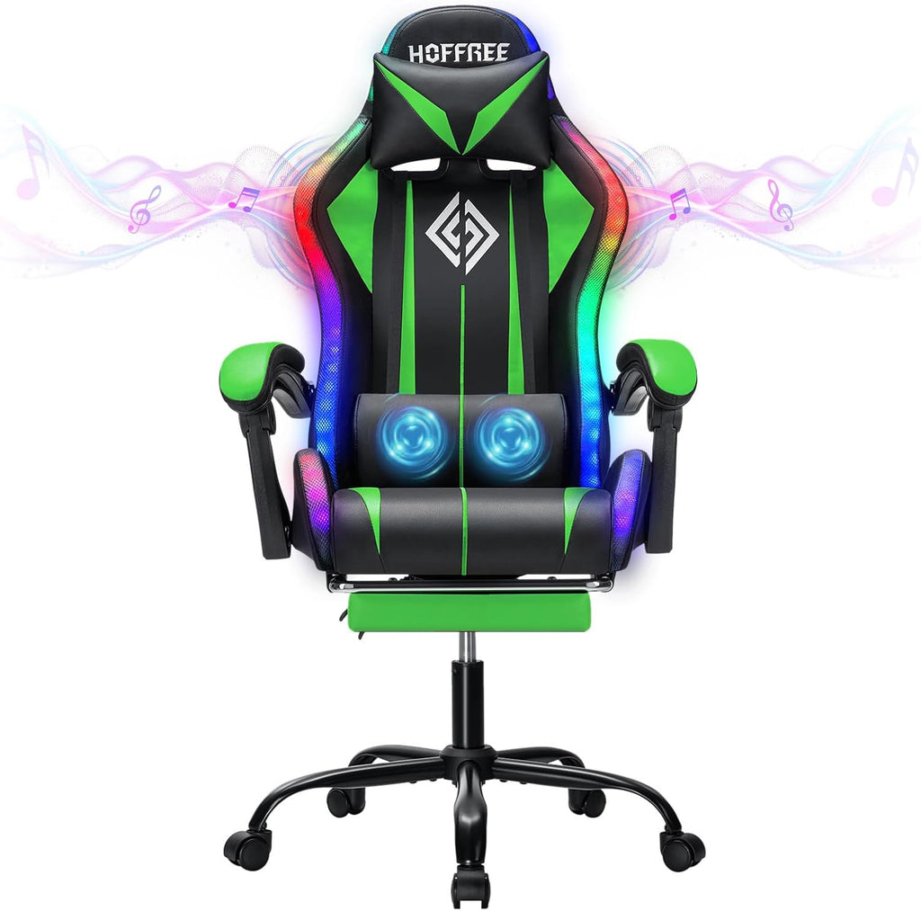 HOFFREE RGB Gaming Chair with Speakers and Massage Ergonomic Computer Chair with Lights and Footrest Reclining Video Game Chairs for Adults Green and Black
