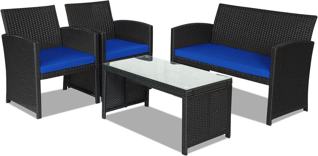 Goplus Rattan Patio Furniture Set 4 Pieces, Outdoor Wicker Conversation Sofa and Table Set with Soft Cushions & Tempered Glass Coffee Table for Balcony Garden Backyard (Blue)