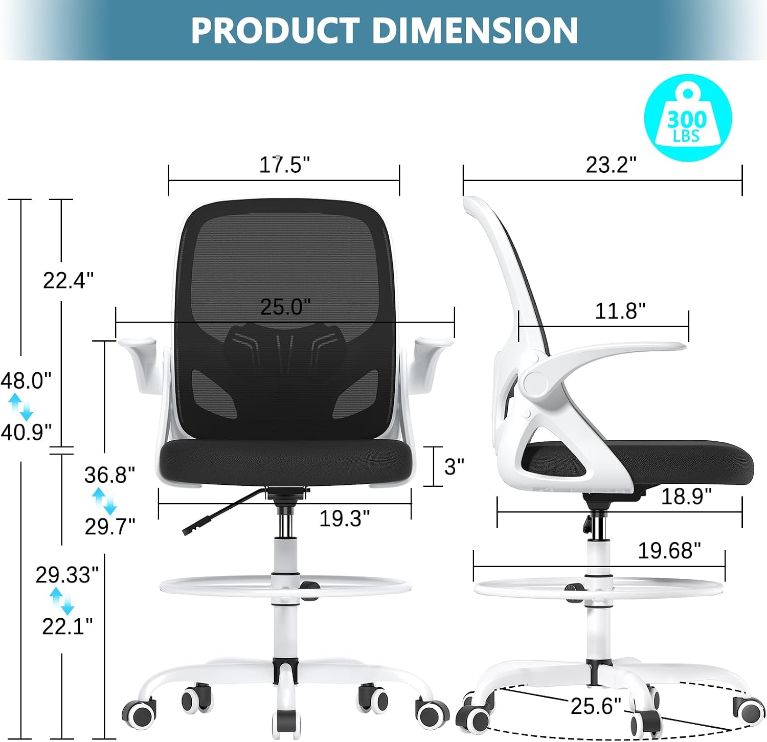 Kensaker Drafting Chair Tall Office Chair, Ergonomic Standing Desk Chair with Adjustable Foot Ring and Flip-up Armrests, Mesh Computer Chair for Art Studio, 300 LBS, White