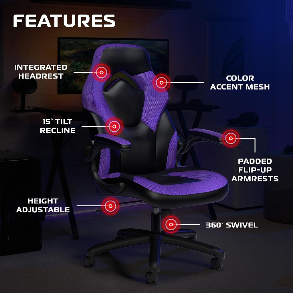 RESPAWN 3085 Ergonomic Gaming Chair for Adults, High Back Office Chair with Headrest and Flip Up Arms, Leather Racing Style Gaming Seat with Lumbar Support, Video Game Computer Desk Seat - Purple