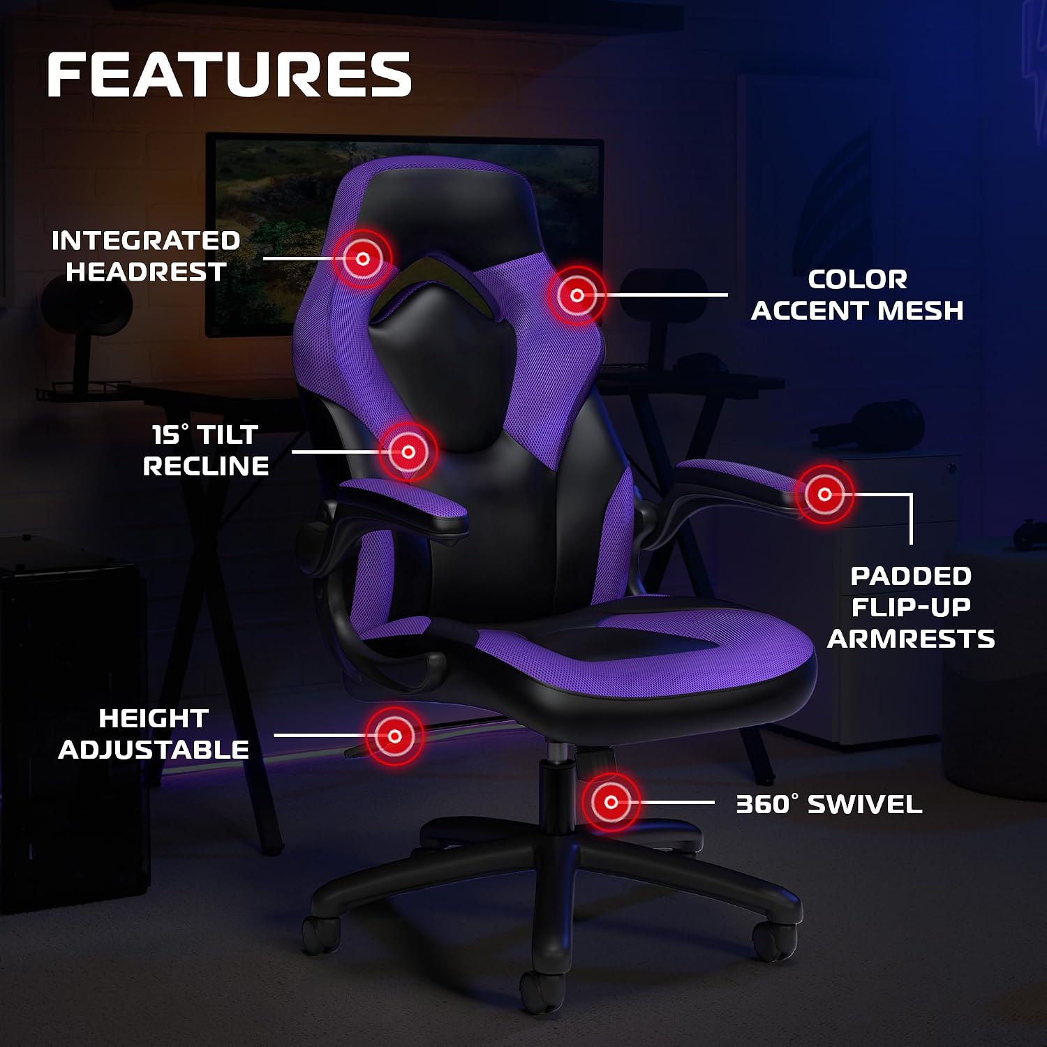 RESPAWN 3085 Ergonomic Gaming Chair for Adults, High Back Office Chair with Headrest and Flip Up Arms, Leather Racing Style Gaming Seat with Lumbar Support, Video Game Computer Desk Seat - Purple