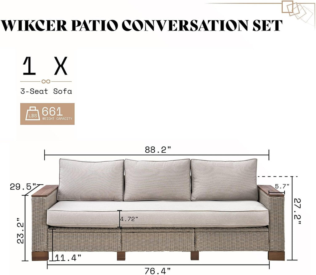 PaPaJet Outdoor Patio Sofa, 3 Seat Wicker Couch with Solid Armrests & Legs, 4.7' Thickened Removable Cushions, UV-Resistant Modular Sofa for Porch, Backyard, Garden