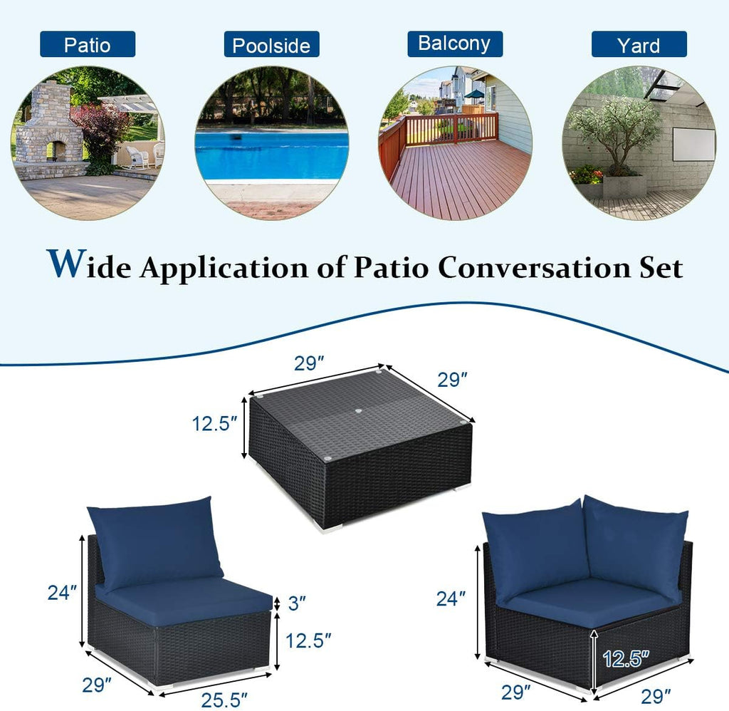 COSTWAY 7 Pieces Patio Furniture Set, Outdoor Rattan Conversation Set with 6 Seats, Coffee Tea Table, Soft Cushions, Wicker Patio Sectional Sofa for Garden Balcony Porch Poolside, Navy