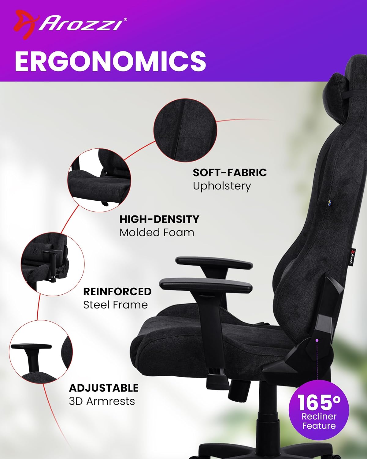 Arozzi Torretta Gaming Chair - Soft Fabric Ergonomic Gaming Chair for Adults Adjustable Backrest with Neck & Lumbar Pillows - Swedish Design Home Office Setup Professional Computer Chairs, Pure Black
