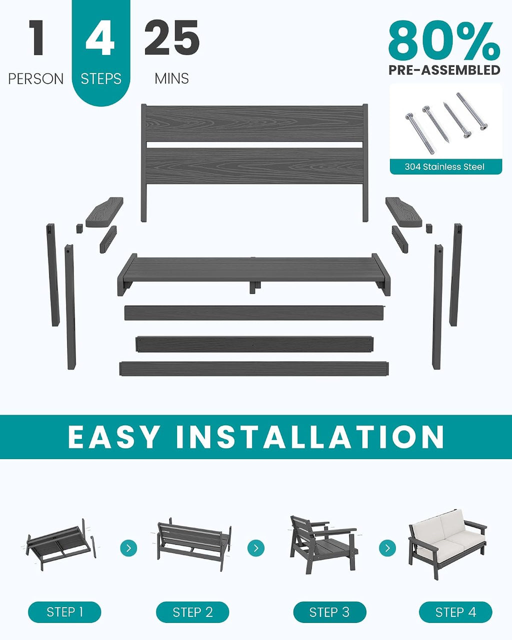 SERWALL HDPE Outdoor Patio Loveseat, All Weather Wood-Like Outdoor Sofa HDPE Outdoor Furniture, Grey Frame and Khaki Cushion