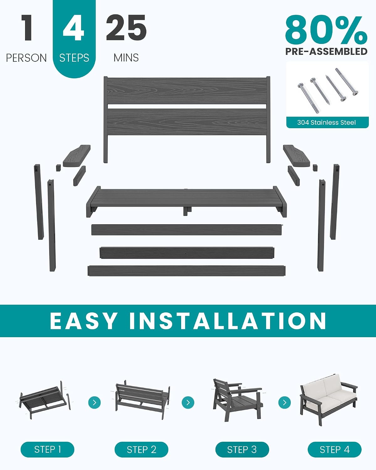 SERWALL HDPE Outdoor Patio Loveseat, All Weather Wood-Like Outdoor Sofa HDPE Outdoor Furniture, Grey Frame and Khaki Cushion