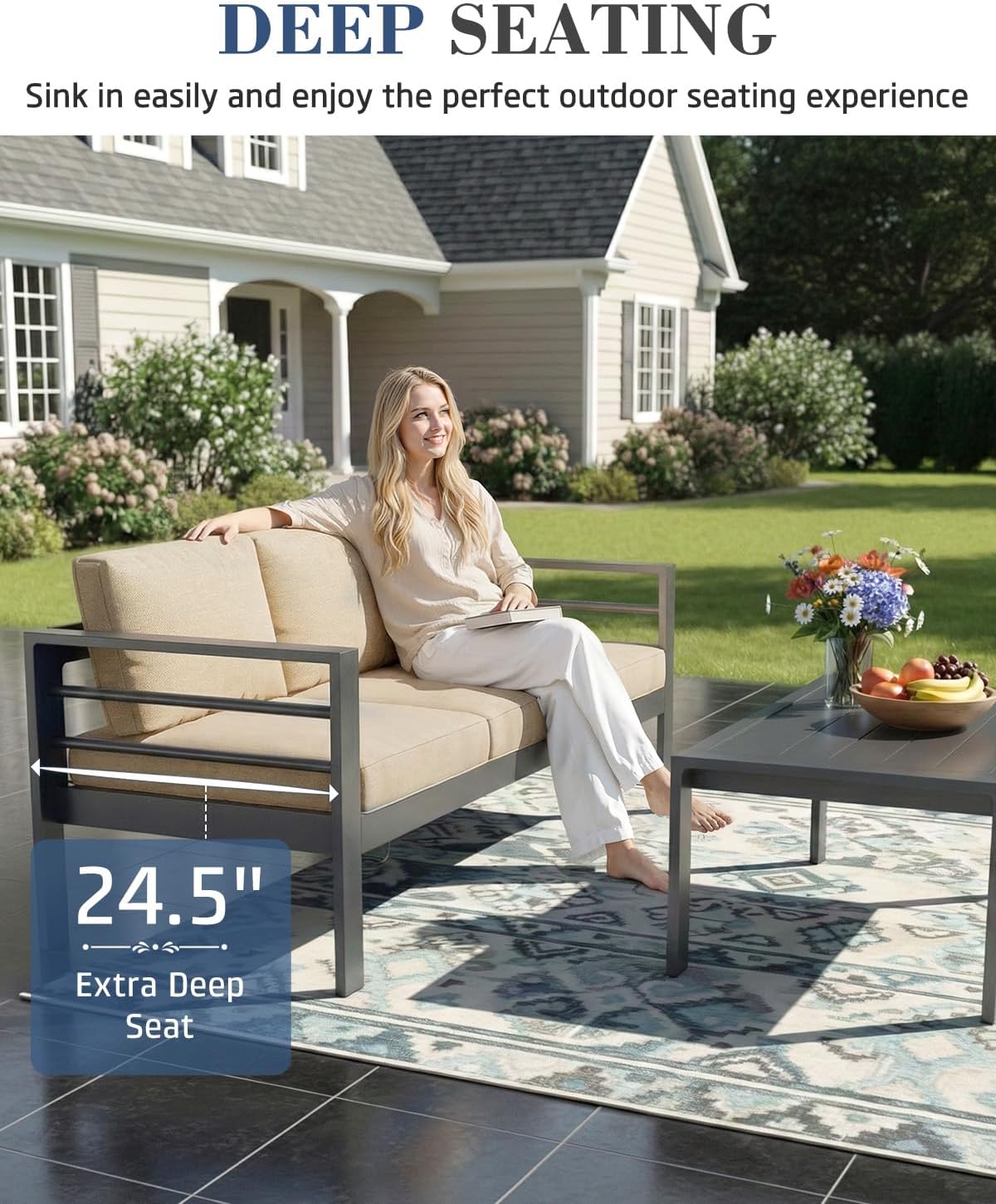 AECOJOY Aluminum Patio Furniture Loveseat, Modern Outdoor Furniture with Washable 5 inch Thick Cushion, Beige