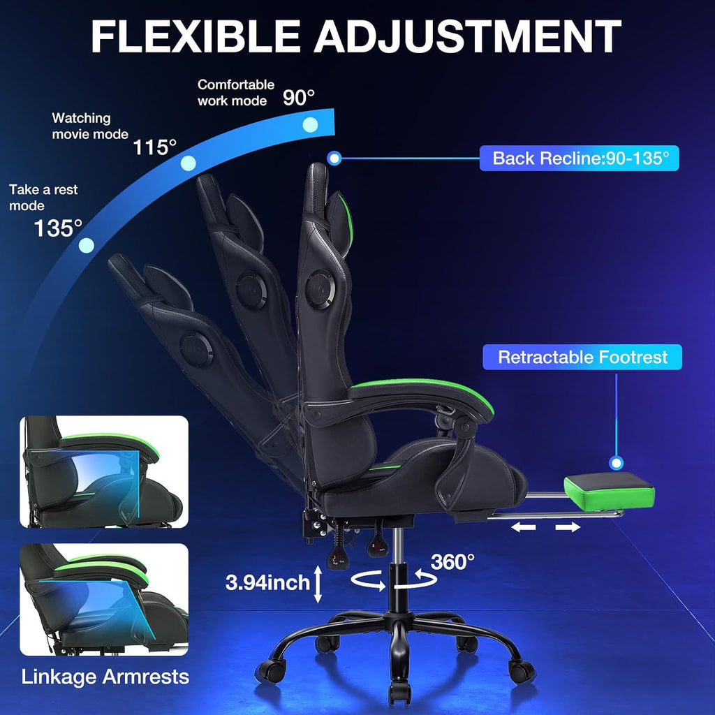 Gaming Chair Massage with Bluetooth Speakers and Lights Ergonomic Computer Game Chair with Footrest LED RGB Lights High Back Music Video Game Chair with Lumbar Support Green and Black