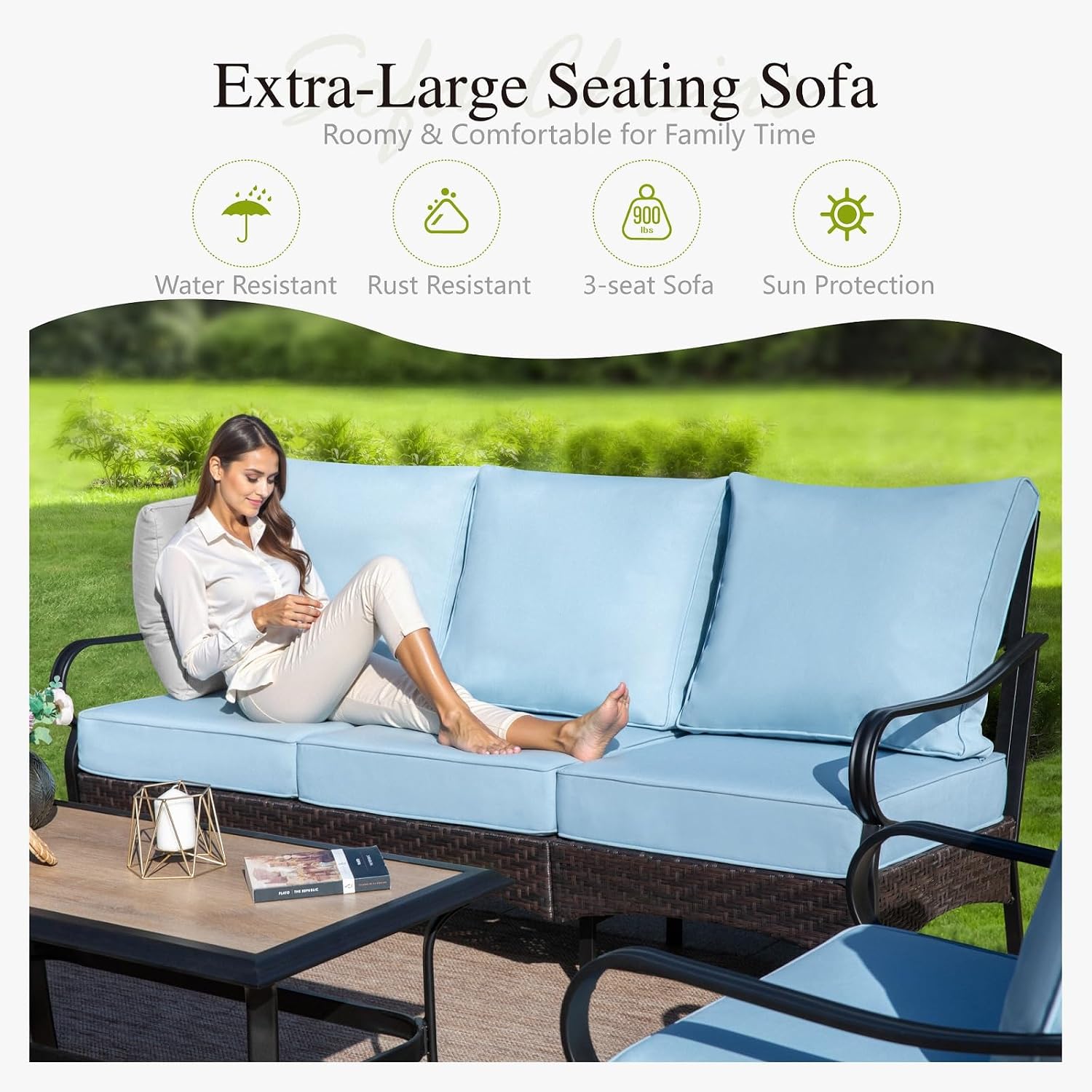 Sophia & William Patio Furniture Set with Fire Pit Table, 4 PCS Metal Outdoor Conversation Set with Fire Pit Table, 2 Sofa Chairs,3-Seater Couch for Outdoor Seating, Backyard, Porch(Blue)