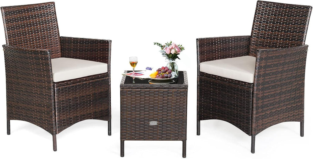 Tangkula 3-Piece Patio Conversation Set, Wicker Chairs with Glass Top Square Coffee Table & Cushions, All-Weather Outdoor Rattan Furniture Set for Garden Backyard Balcony Poolside (White)