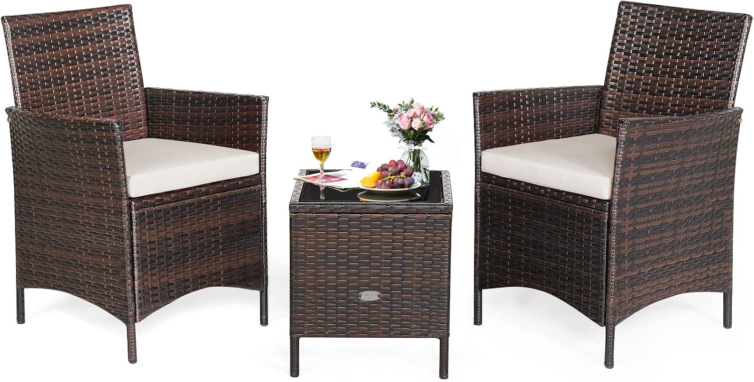 Tangkula 3-Piece Patio Conversation Set, Wicker Chairs with Glass Top Square Coffee Table & Cushions, All-Weather Outdoor Rattan Furniture Set for Garden Backyard Balcony Poolside (White)