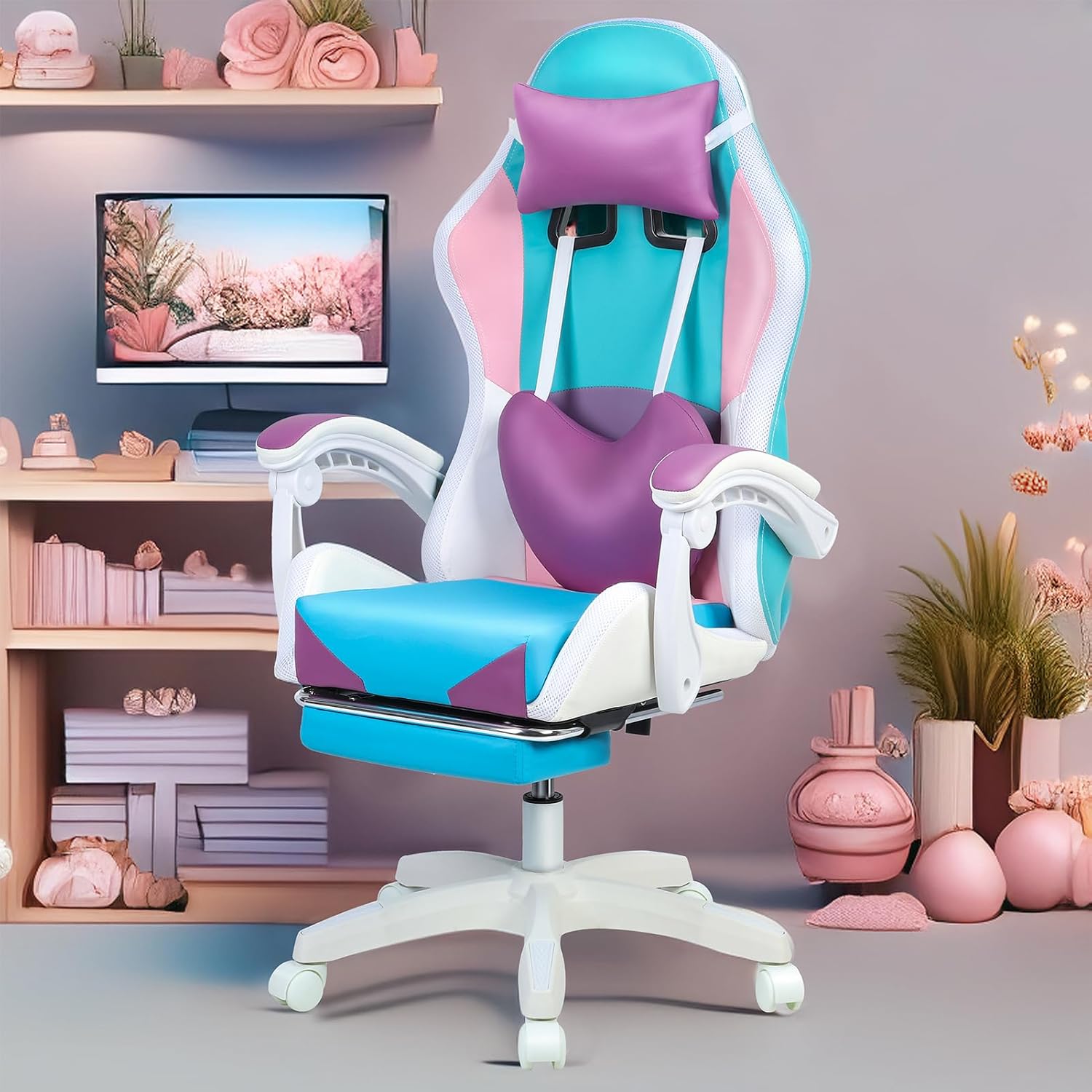 Gaming Chair with Bluetooth Speakers and RGB LED Lights, High Back Video Game Massage Chair 360° Swivel Height Adjustable Recliner with Footrest & Headrest Lumbar Support Pillows (Purple,No Speakers)